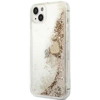Plastové puzdro Guess na Apple iPhone 14 Plus GUOHCP14MGLHFLGO Liquide Glitter Charms zlaté