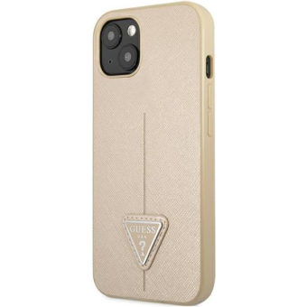 Plastové puzdro Guess na Apple iPhone 14 GUHCP14SPSATLE HC Saffiano PU Triangle béžové