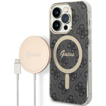 Set plastové puzdro a nabíjačka Guess na Apple iPhone 14 Pro Max GUBPP14XH4EACSK Magsafe 4G zlato-čierna