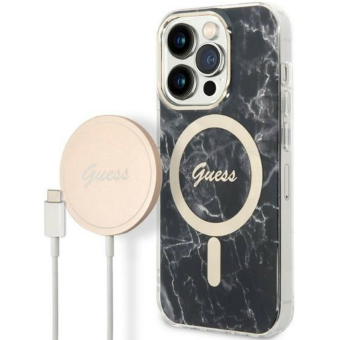 Set plastové puzdro a nabíjačka Guess na Apple iPhone 14 Pro Max GUBPP14XHMEACSK Magsafe IMG Marble zlato-čierne