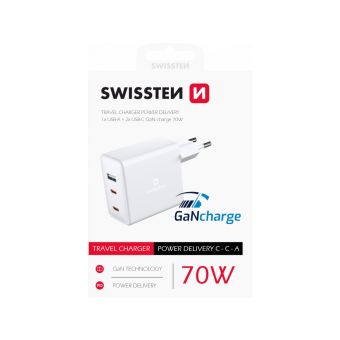Sieťová nabíjačka Swissten GaN 2x USB-C + 1xUSB 70W, biela