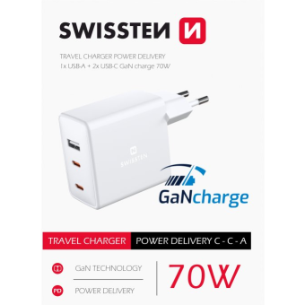 Sieťová nabíjačka Swissten GaN 2x USB-C + 1xUSB 70W, biela