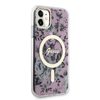 Plastové puzdro Guess na Apple iPhone 11 GUHMN61HCFWSP Flowers IML MagSafe ružové