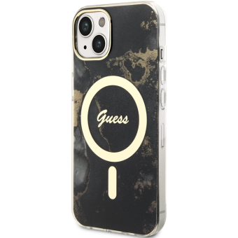 Plastové puzdro Guess na Apple iPhone 14 GUHMP14SHTMRSK Marble IML MagSafe čierne