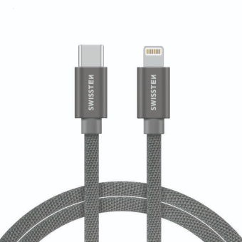 Kábel SWISSTEN Textile, USB-C na Lightning, 2m, strieborný