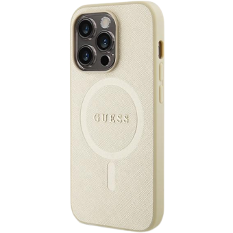 Plastové puzdro Guess na Apple iPhone 15 Pro GUHMP15LPSAHMCB Saffiano MagSafe béžové