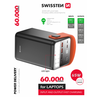 SWISSTEN Power Line, 60 000 mAh, 65W, Power Delivery, čierna