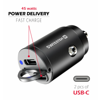 SWISSTEN Nano CL, PD 45W, 2x USB-C, čierna