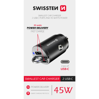 SWISSTEN Nano CL, PD 45W, 2x USB-C, čierna