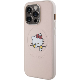 Plastové puzdro Hello Kitty na Apple iPhone 15 Pro HKHMP15LPMHSKP PU Kitty Asleep Logo MagSafe ružové
