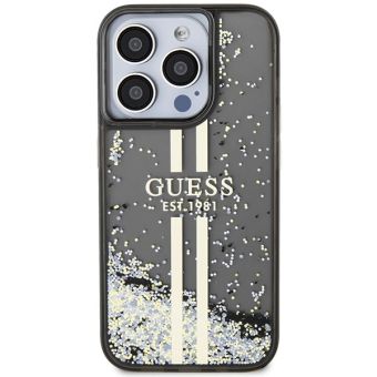 Plastové puzdro Guess na Apple iPhone 15 Pro GUHCP15LLFCSEGK Liquid Glitter Gold Stripe čierne