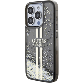 Plastové puzdro Guess na Apple iPhone 15 Pro GUHCP15LLFCSEGK Liquid Glitter Gold Stripe čierne