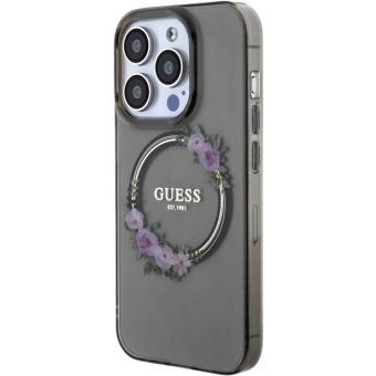 Obal Guess PC/TPU Flowers Ring Glossy Logo MagSafe Apple iPhone 14 Pro Max GUHMP14XHFWFCK Black