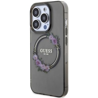 Obal Guess PC/TPU Flowers Ring Glossy Logo MagSafe Apple iPhone 15 Pro GUHMP15LHFWFCK Black