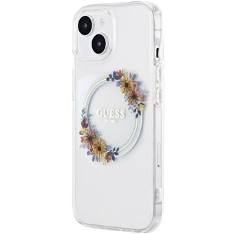Plastové puzdro Guess na Apple iPhone 15 GUHMP15SHFWFCT Flowers Ring Glossy Logo MagSafe transparentné