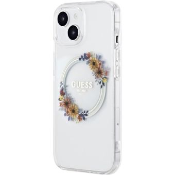 Obal Guess PC/TPU Flowers Ring Glossy Logo MagSafe Apple iPhone 15 Plus GUHMP15MHFWFCT Transparent