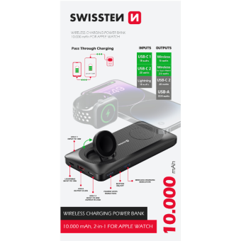 SWISSTEN Powerbank 2v1, 10000mAh, Magsafe Apple Watch, čierna