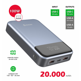 SWISSTEN PowerBank, 20000mAh, Power Delivery 100W, modrá