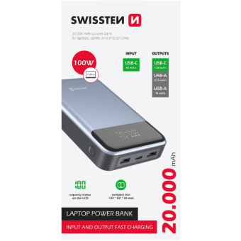 SWISSTEN PowerBank, 20000mAh, Power Delivery 100W, modrá