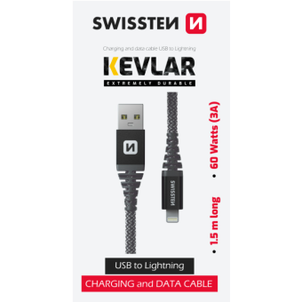 SWISSTEN Kevlar, USB-A na Lightning 8pin, 3A, 60W, 1.5m, čierny