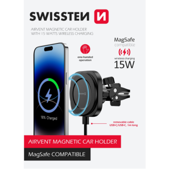 SWISSTEN Magstick Compact, magnetický držiak, bezdrôtové nabíjanie 15W Magsafe, čierny