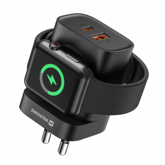 SWISSTEN Travel Charger, 1xUSB-A, 1xUSB-C a Apple Watch, 22.5W, sieťová nabíjačka, čierna