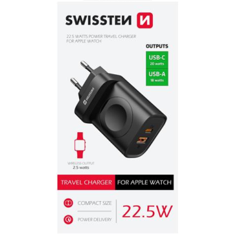 SWISSTEN Travel Charger, 1xUSB-A, 1xUSB-C a Apple Watch, 22.5W, sieťová nabíjačka, čierna