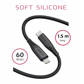 SWISSTEN SOFT SILICONE, USB-C na Lightning, 1.5m, 60W, čierrny