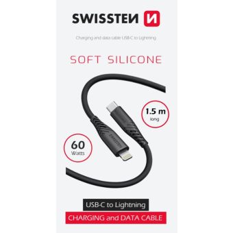 SWISSTEN SOFT SILICONE, USB-C na Lightning, 1.5m, 60W, čierrny