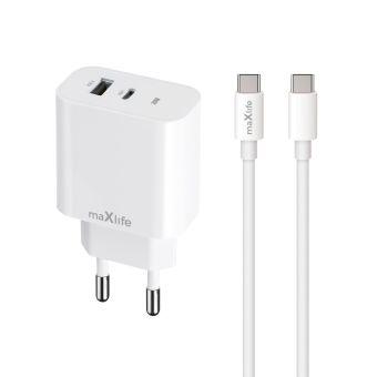 Maxlife MXTC-06 PD QC charger 1x USB-C 1x USB 20W white  Plus USB-C - USB-C cable 20W