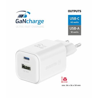 SWISSTEN GaN Travel Charger 1xUSB-C 45W PD + 1xUSB-A 18W QC biela