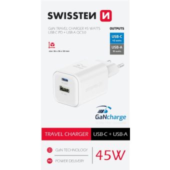 SWISSTEN GaN Travel Charger 1xUSB-C 45W PD + 1xUSB-A 18W QC biela