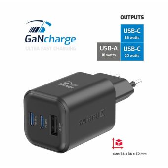 SWISSTEN GaN Travel Charger 2xUSB-C 65W PD + 1xUSB-A 18W QC čierna