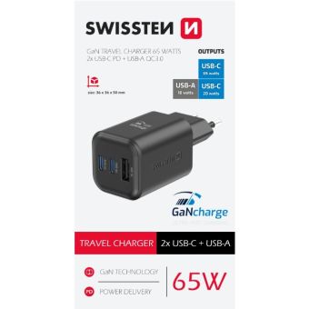 SWISSTEN GaN Travel Charger 2xUSB-C 65W PD + 1xUSB-A 18W QC čierna