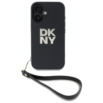 DKNY PU Leather Stack Logo Wrist Strap Zadní Kryt pro iPhone 16 Black