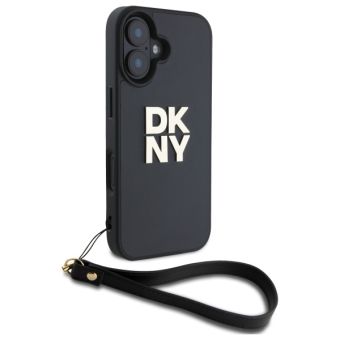 DKNY PU Leather Stack Logo Wrist Strap Zadní Kryt pro iPhone 16 Black