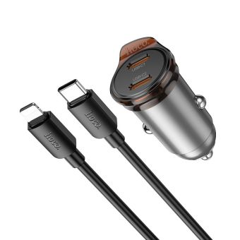 Autonabíjačka HOCO 2xUSB-C  Plus kábel USB-C -Lightning PD QC 45W NZ16B metal gray