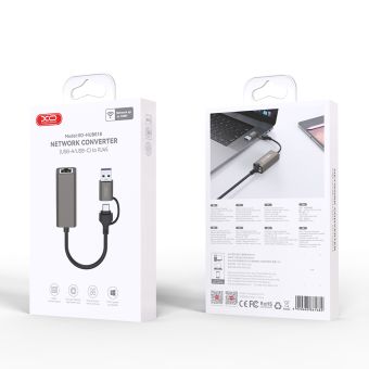 XO HUB018, adaptér/redukcia 2v1 USB-A/USB-C na RJ45, sivá
