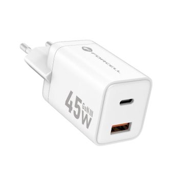 FORCELL F-ENERGY Mini GaN III VT-36 travel charger with 1 x Type C  Plus 1x USB A sockets, PD QC4.0 45W white