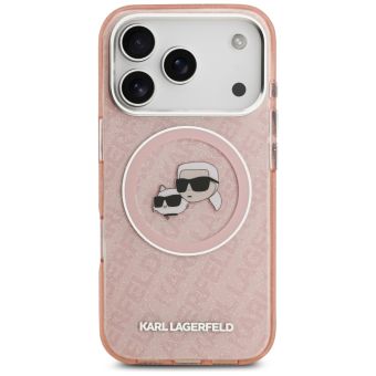 Karl Lagerfeld Magsafe IML glitter metal camera frame and buttons Karl and Choupette heads on KL repeated logo for iPhone 17 Pro pink