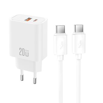 Nabíjačka XO CE40 PD 20W 1x USB-C 1x USB  Plus kábel USB-C - USB-C - biela