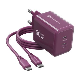 Nabíjačka Forcell F-Energy GaN III (2xUSB-C) PD;QC 4.0 60W Plus USB-C kábel - cherry