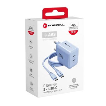 Nabíjačka Forcell F-Energy GaN III (2xUSB-C) PD;QC 4.0 60W  Plus USB-C kábel - svetlo-modrá