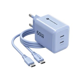 Nabíjačka Forcell F-Energy GaN III (2xUSB-C) PD;QC 4.0 60W Plus USB-C kábel - svetlo-modrá