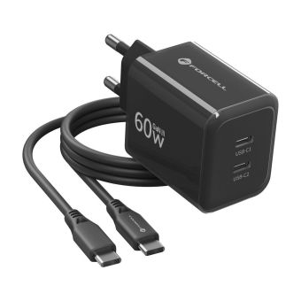 Nabíjačka Forcell F-Energy GaN III (2xUSB-C) PD;QC 4.0 60W Plus USB-C kábel - čierna