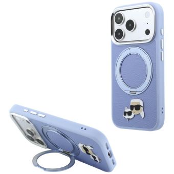 Karl Lagerfeld Ring Stand 360 Karl & Choupette Heads Pin MagSafe case for Iphone 17 Pro Max/18 Pro Max blue