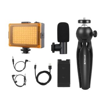 Puluz PKT3132B, držiak na statív + LED lampa + mikrofón + svorka na telefón, čierny