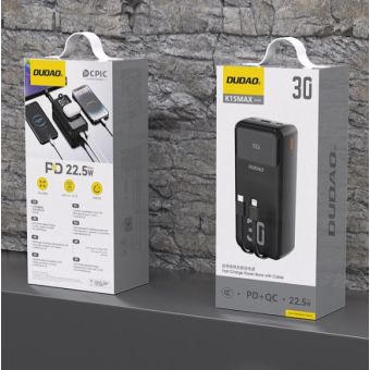 Dudao K15MAX, 30000mAh PD 22.5W, vstavané káble (USB-C, Lightning), čierna