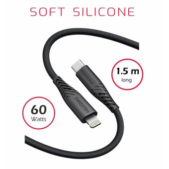 SWISSTEN SOFT SILICONE, USB-C na Lightning, 1.5m, 60W, čierrny (bulk)