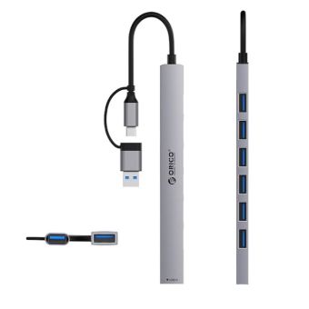 Orico Hub YSA2-U3, USB-A/USB-C 1xUSB-A 3.0 + 6x USB-A 2.0, sivý